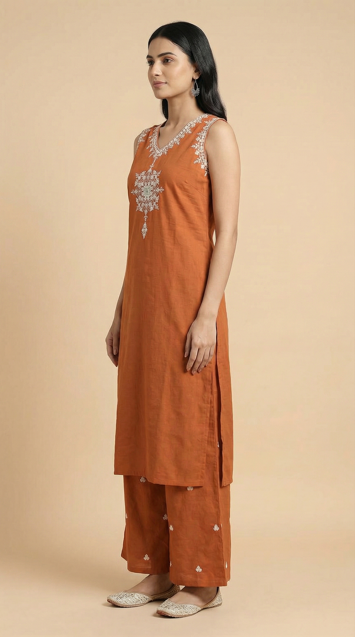 Floral Mirror & Threadwork Embroidered Straight Co-ord Set - Rust