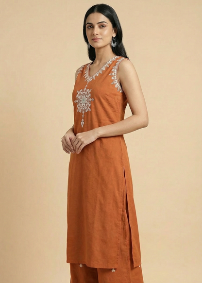Floral Mirror & Threadwork Embroidered Straight Co-ord Set - Rust