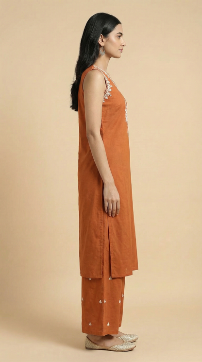 Floral Mirror & Threadwork Embroidered Straight Co-ord Set - Rust