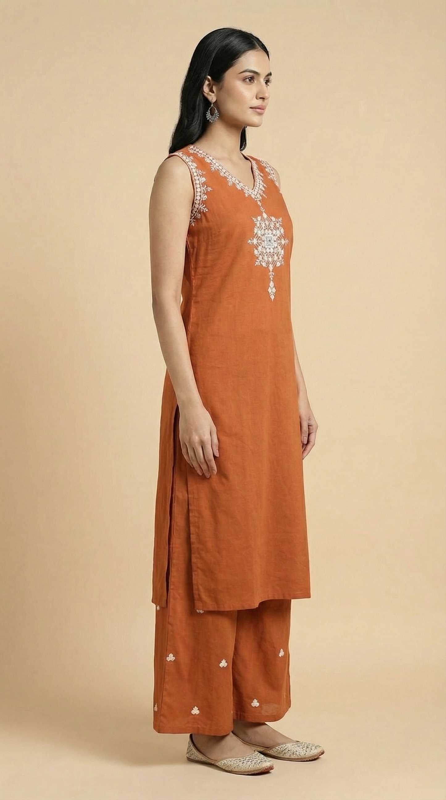 Floral Mirror & Threadwork Embroidered Straight Co-ord Set - Rust