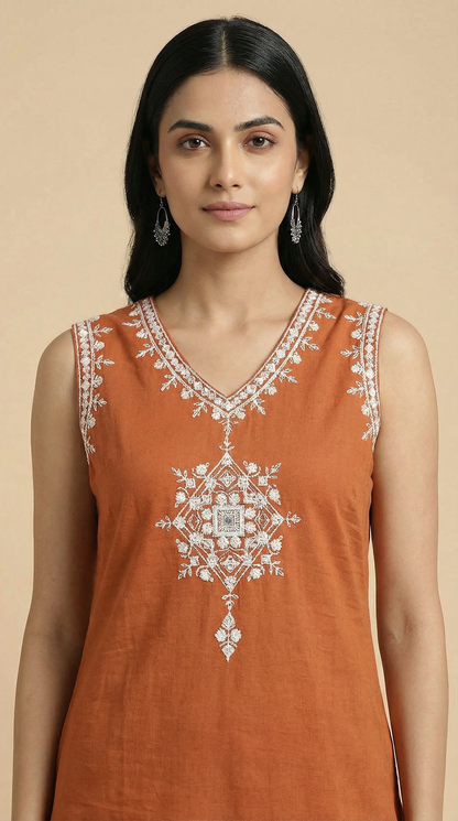 Floral Mirror & Threadwork Embroidered Straight Co-ord Set - Rust