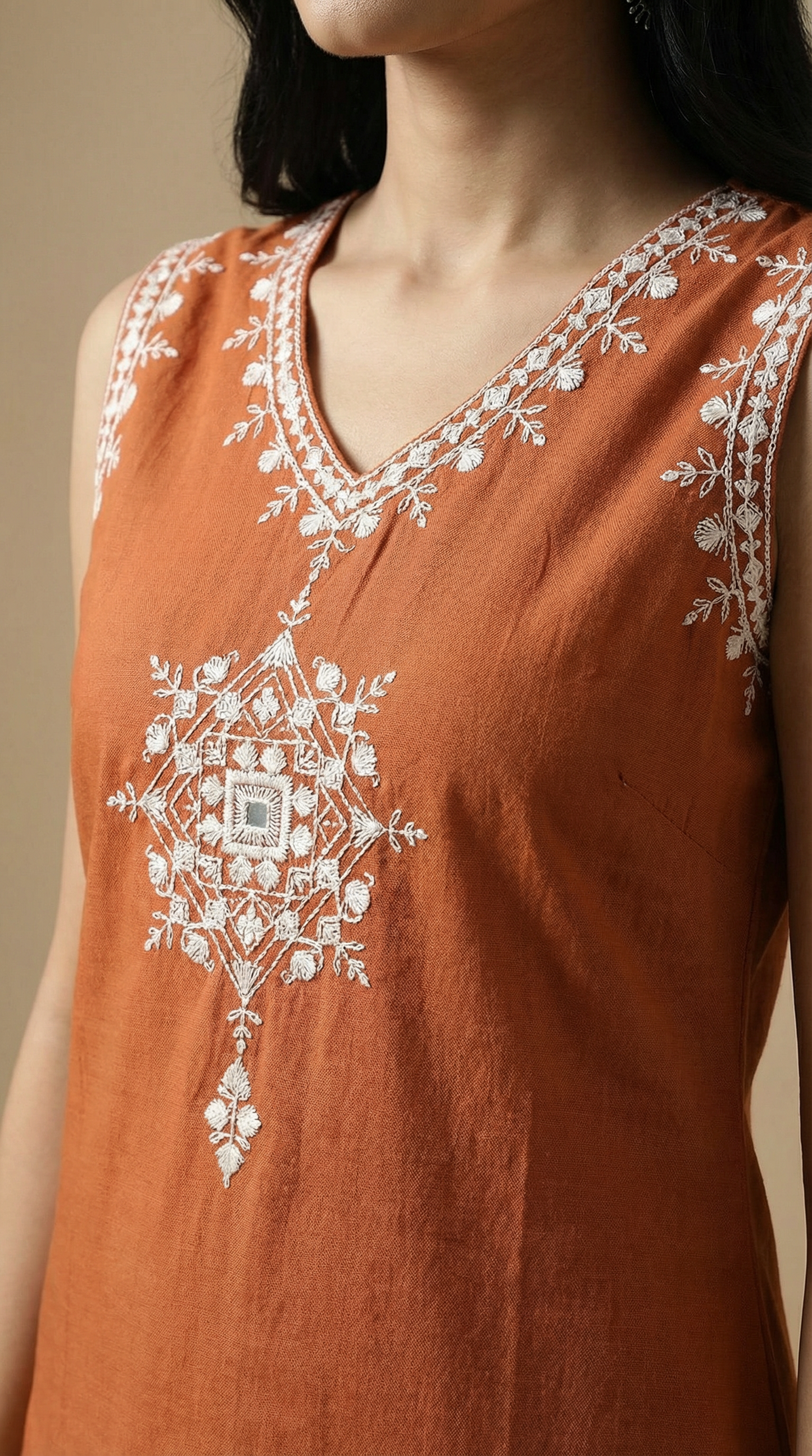 Floral Mirror & Threadwork Embroidered Straight Co-ord Set - Rust