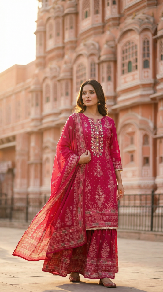 Ethnic Printed Embroidered Straight Kurta with Sharara and Dupatta - Pink