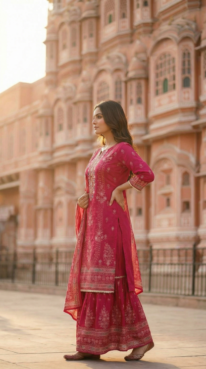 Ethnic Printed Embroidered Straight Kurta with Sharara and Dupatta - Pink