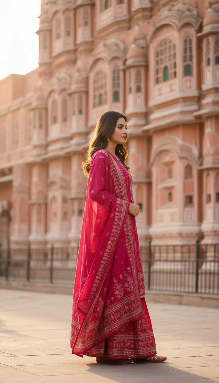 Ethnic Printed Embroidered Straight Kurta with Sharara and Dupatta - Pink