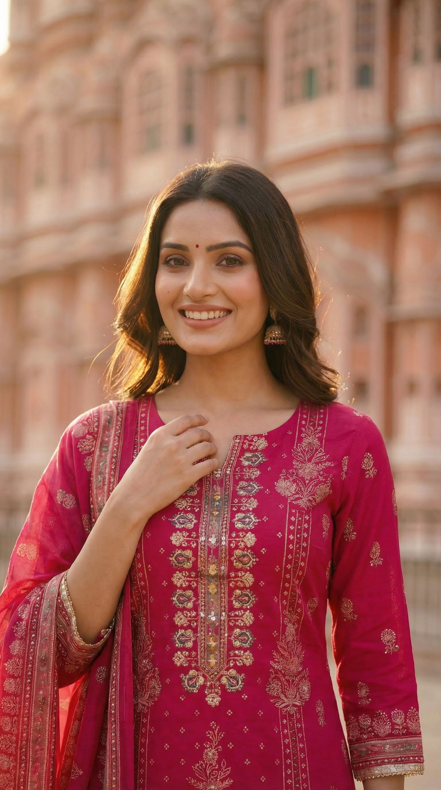 Ethnic Printed Embroidered Straight Kurta with Sharara and Dupatta - Pink