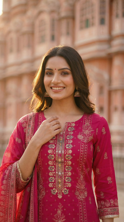 Ethnic Printed Embroidered Straight Kurta with Sharara and Dupatta - Pink