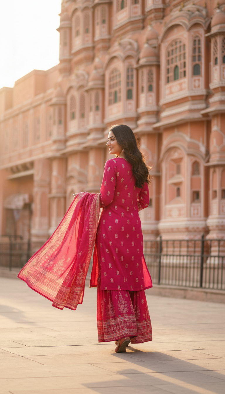 Ethnic Printed Embroidered Straight Kurta with Sharara and Dupatta - Pink