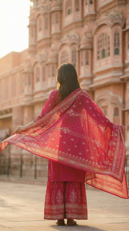 Ethnic Printed Embroidered Straight Kurta with Sharara and Dupatta - Pink