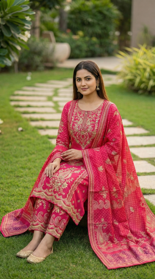 Ethnic Floral Printed Straight Kurta with Pant and Dupatta - Pink