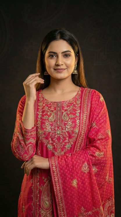 Ethnic Floral Printed Straight Kurta with Pant and Dupatta - Pink