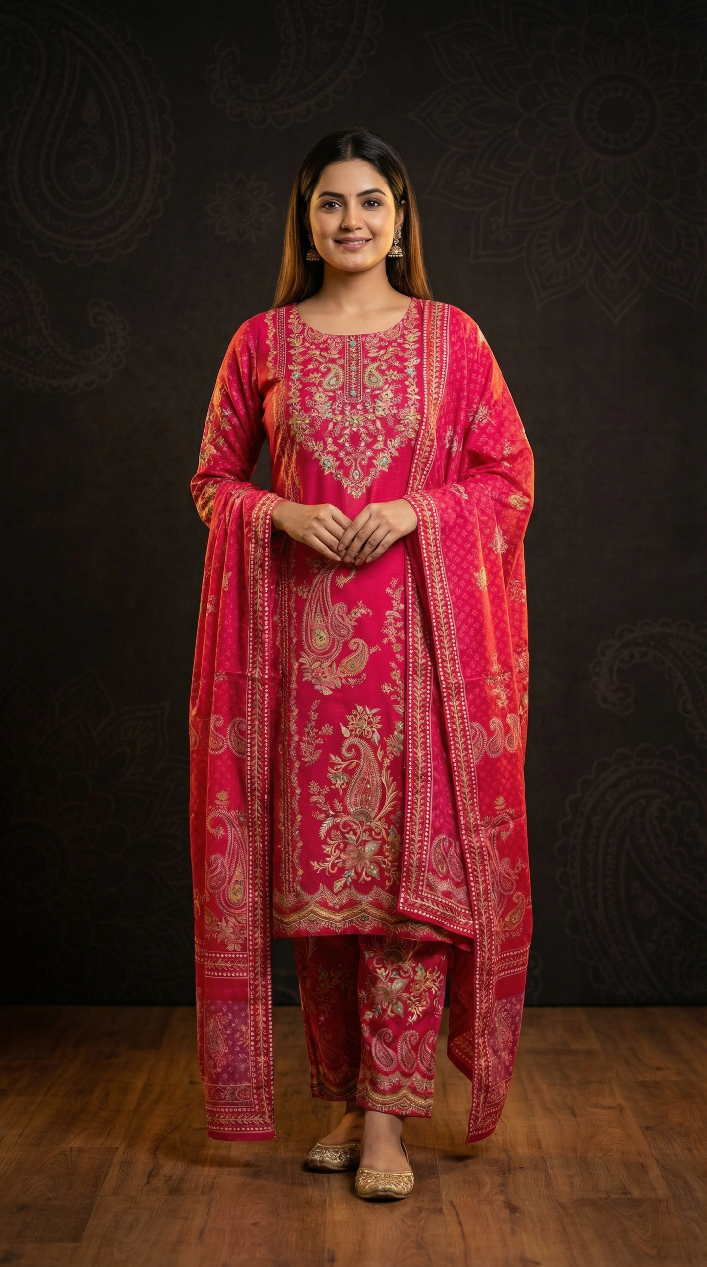 Ethnic Floral Printed Straight Kurta with Pant and Dupatta - Pink