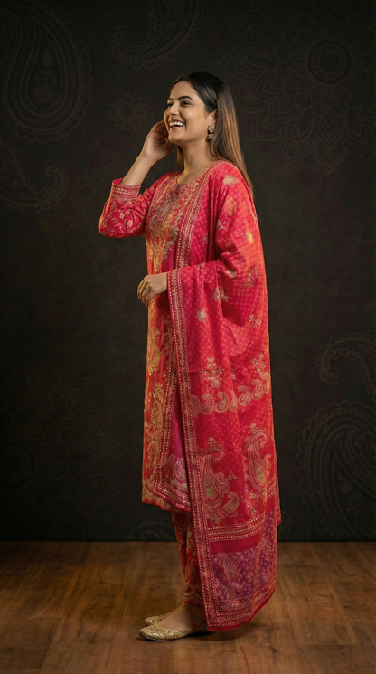 Ethnic Floral Printed Straight Kurta with Pant and Dupatta - Pink
