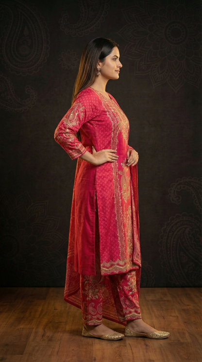 Ethnic Floral Printed Straight Kurta with Pant and Dupatta - Pink