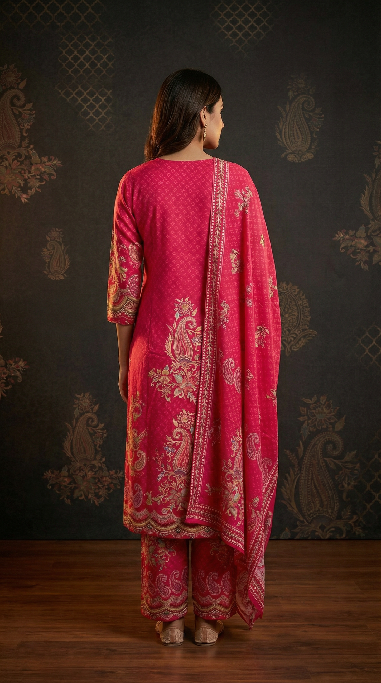 Ethnic Floral Printed Straight Kurta with Pant and Dupatta - Pink