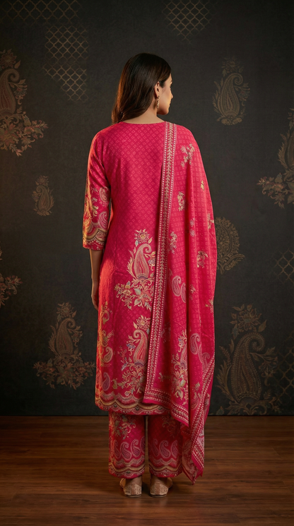 Ethnic Floral Printed Straight Kurta with Pant and Dupatta - Pink