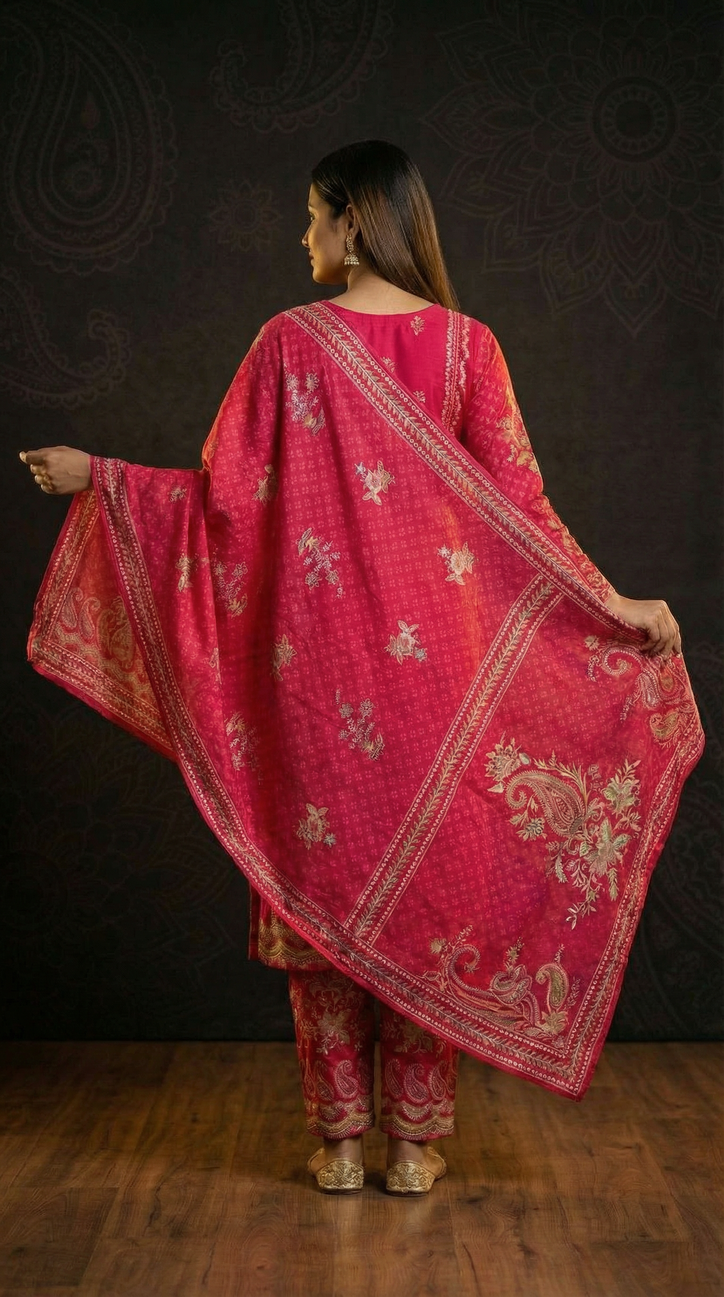 Ethnic Floral Printed Straight Kurta with Pant and Dupatta - Pink