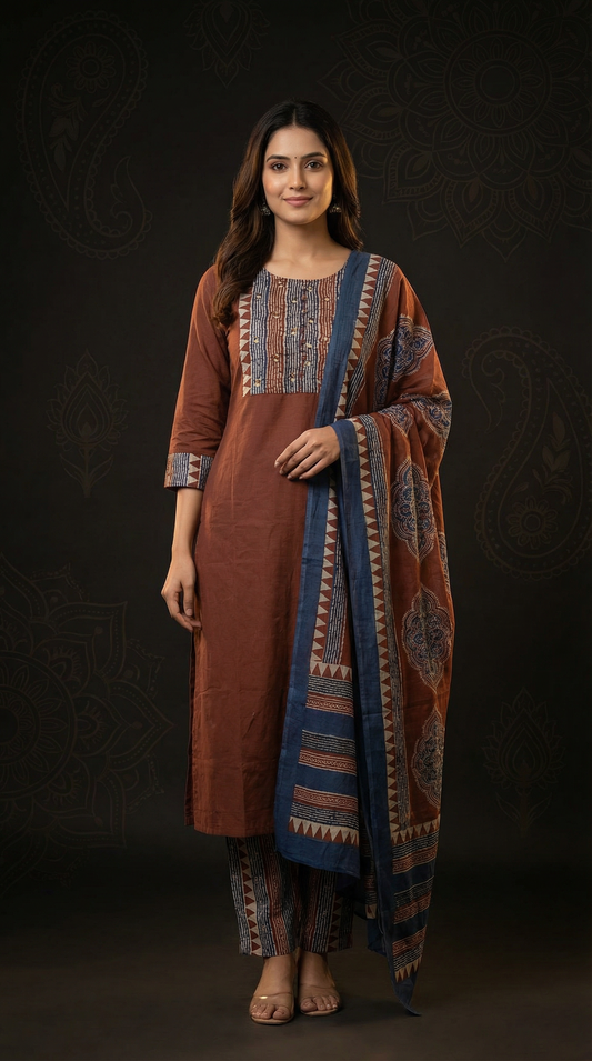 Solid Ethnic Straight Fit Kurta with Printed Pant & Cotton Dupatta - Rust