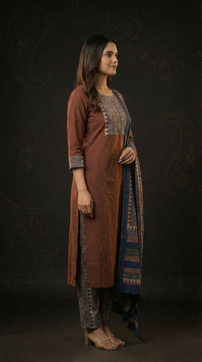 Solid Ethnic Straight Fit Kurta with Printed Pant & Cotton Dupatta - Rust