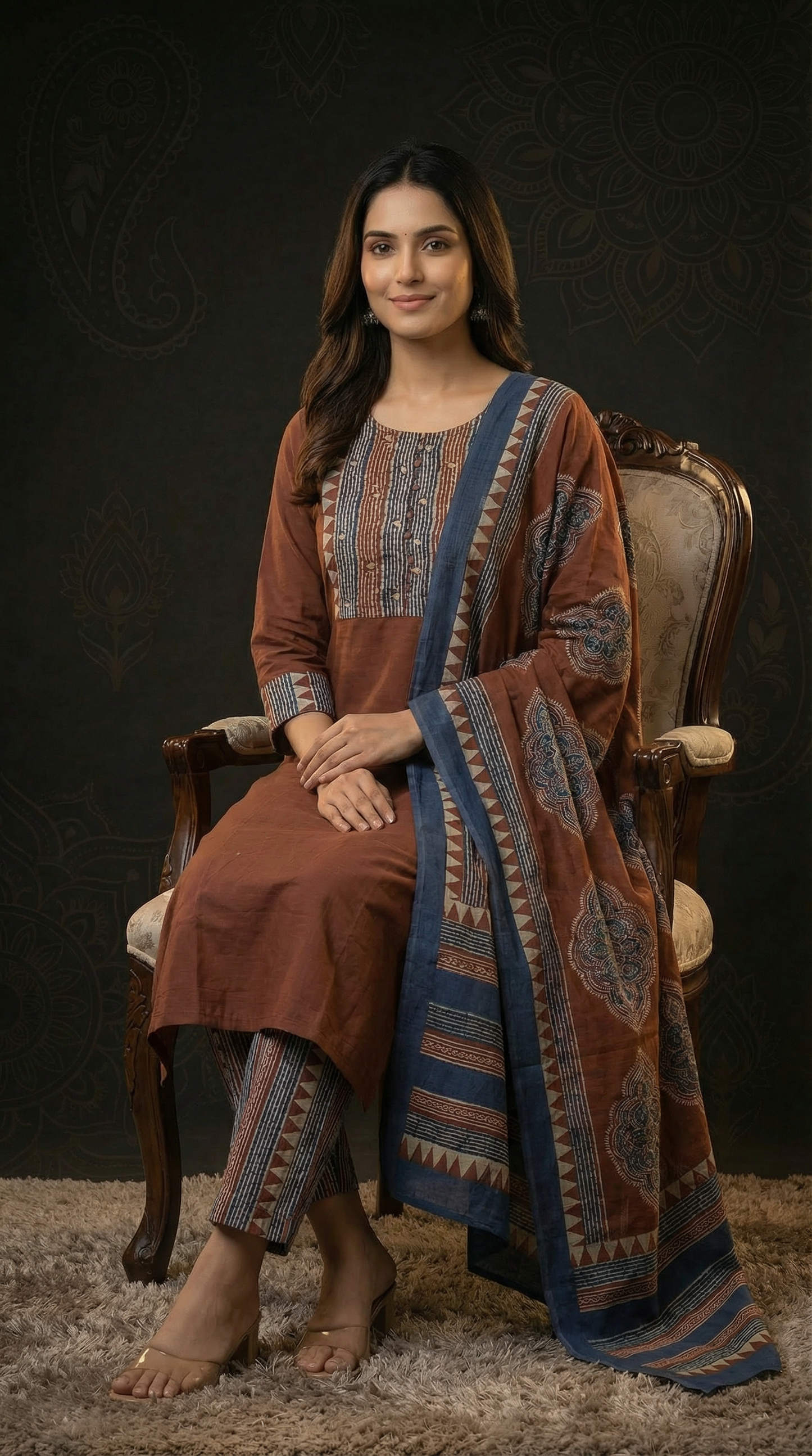 Solid Ethnic Straight Fit Kurta with Printed Pant & Cotton Dupatta - Rust