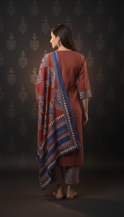 Solid Ethnic Straight Fit Kurta with Printed Pant & Cotton Dupatta - Rust