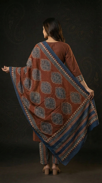 Solid Ethnic Straight Fit Kurta with Printed Pant & Cotton Dupatta - Rust