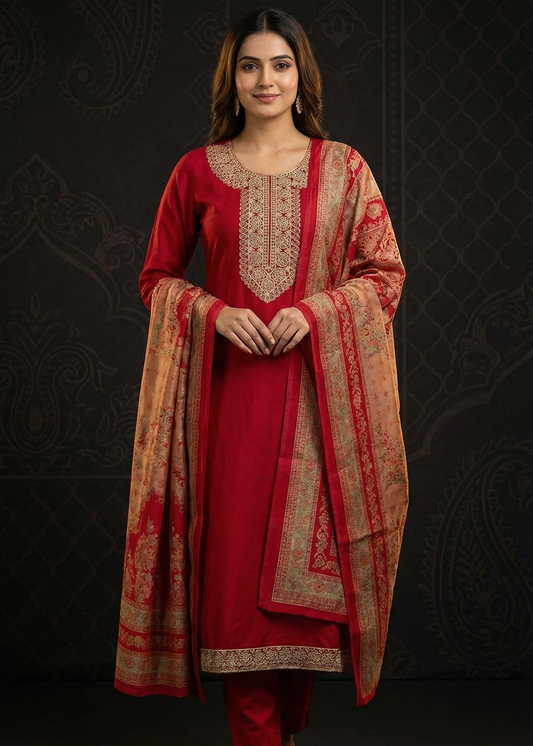 Solid Floral Embroidered Anarkali Kurta with Pant & Printed Dupatta - Maroon
