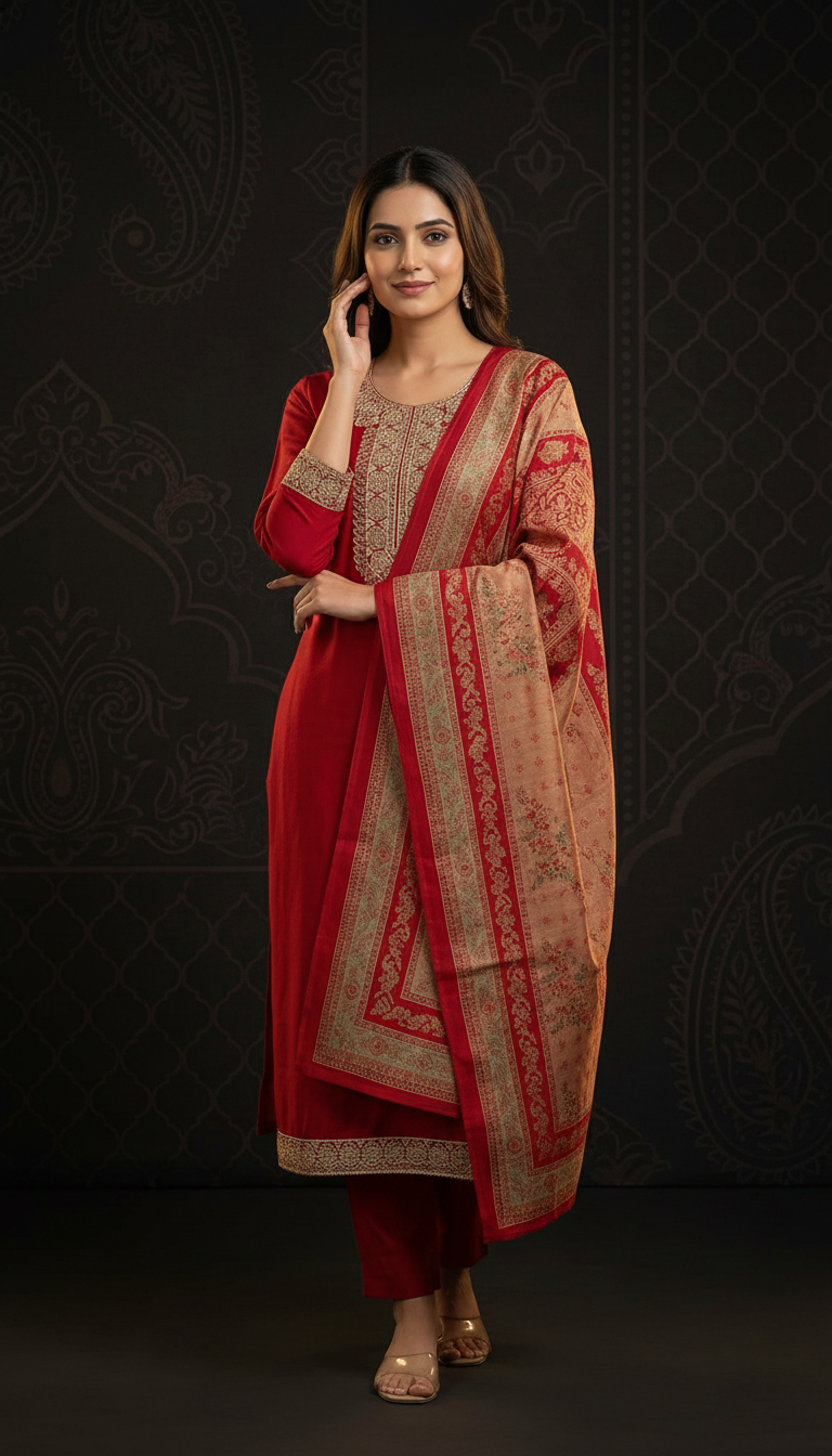 Solid Floral Embroidered Anarkali Kurta with Pant & Printed Dupatta - Maroon