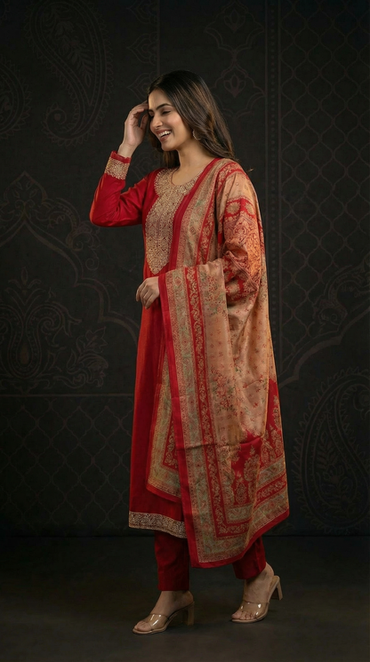 Solid Floral Embroidered Anarkali Kurta with Pant & Printed Dupatta - Maroon
