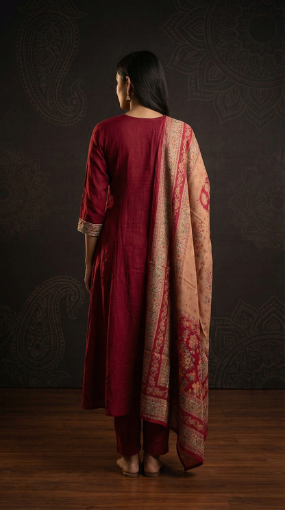 Solid Floral Embroidered Anarkali Kurta with Pant & Printed Dupatta - Maroon