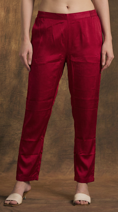 Solid Floral Embroidered Anarkali Kurta with Pant & Printed Dupatta - Maroon