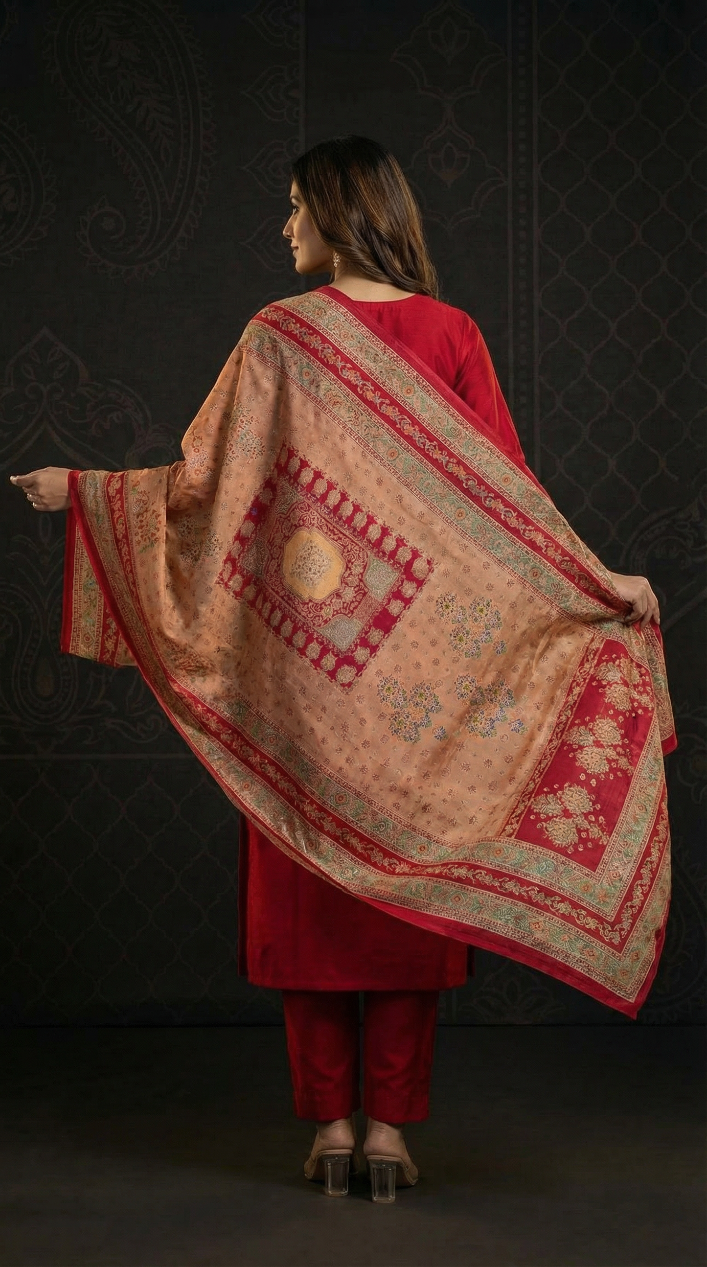 Solid Floral Embroidered Anarkali Kurta with Pant & Printed Dupatta - Maroon