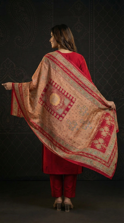 Solid Floral Embroidered Anarkali Kurta with Pant & Printed Dupatta - Maroon