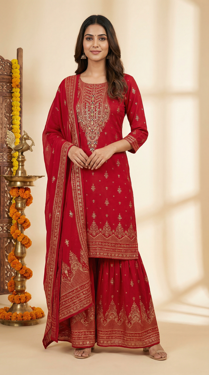 Ethnic Printed Straight Kurta with Sharara and Dupatta - Red
