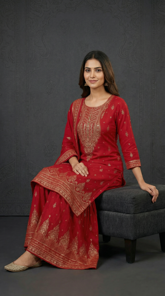 Ethnic Printed Straight Kurta with Sharara and Dupatta - Red