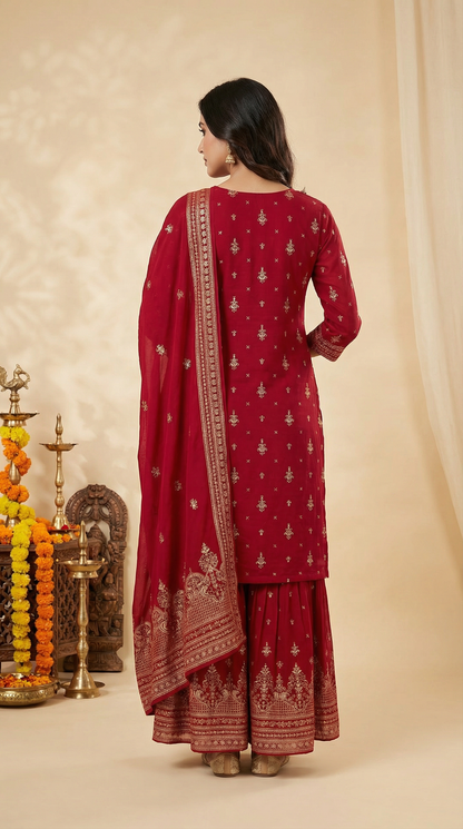 Ethnic Printed Straight Kurta with Sharara and Dupatta - Red