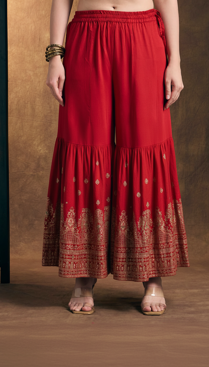 Ethnic Printed Straight Kurta with Sharara and Dupatta - Red