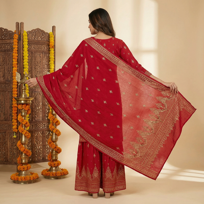 Ethnic Printed Straight Kurta with Sharara and Dupatta - Red