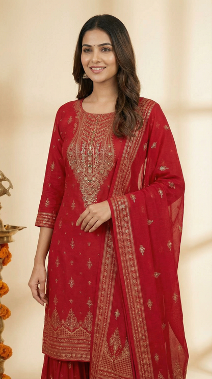 Ethnic Printed Straight Kurta with Sharara and Dupatta - Red