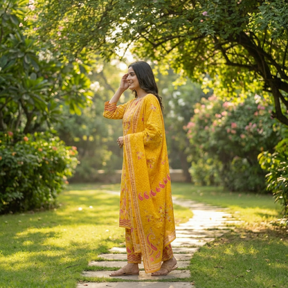 Ethnic Floral Printed Straight Kurta with Pant and Dupatta - Yellow