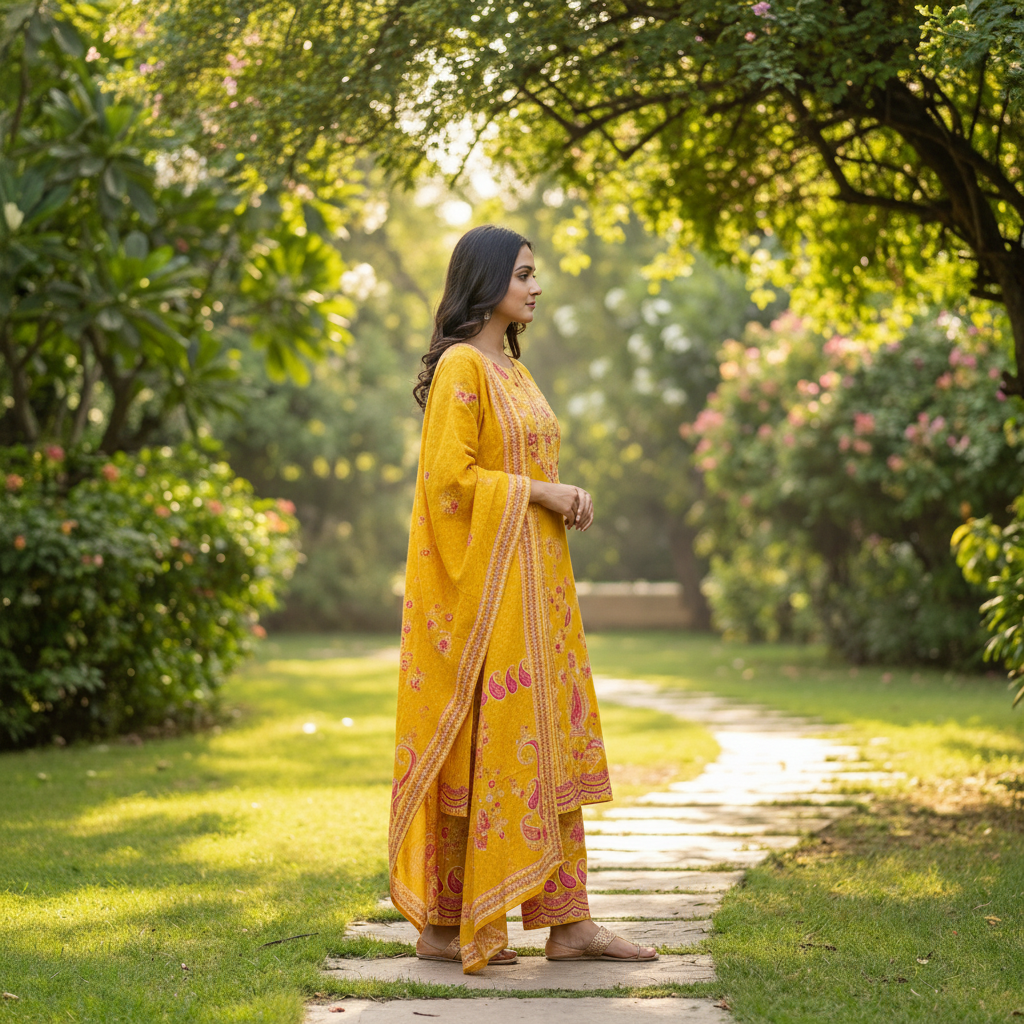 Ethnic Floral Printed Straight Kurta with Pant and Dupatta - Yellow