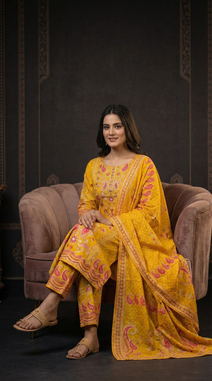 Ethnic Floral Printed Straight Kurta with Pant and Dupatta - Yellow