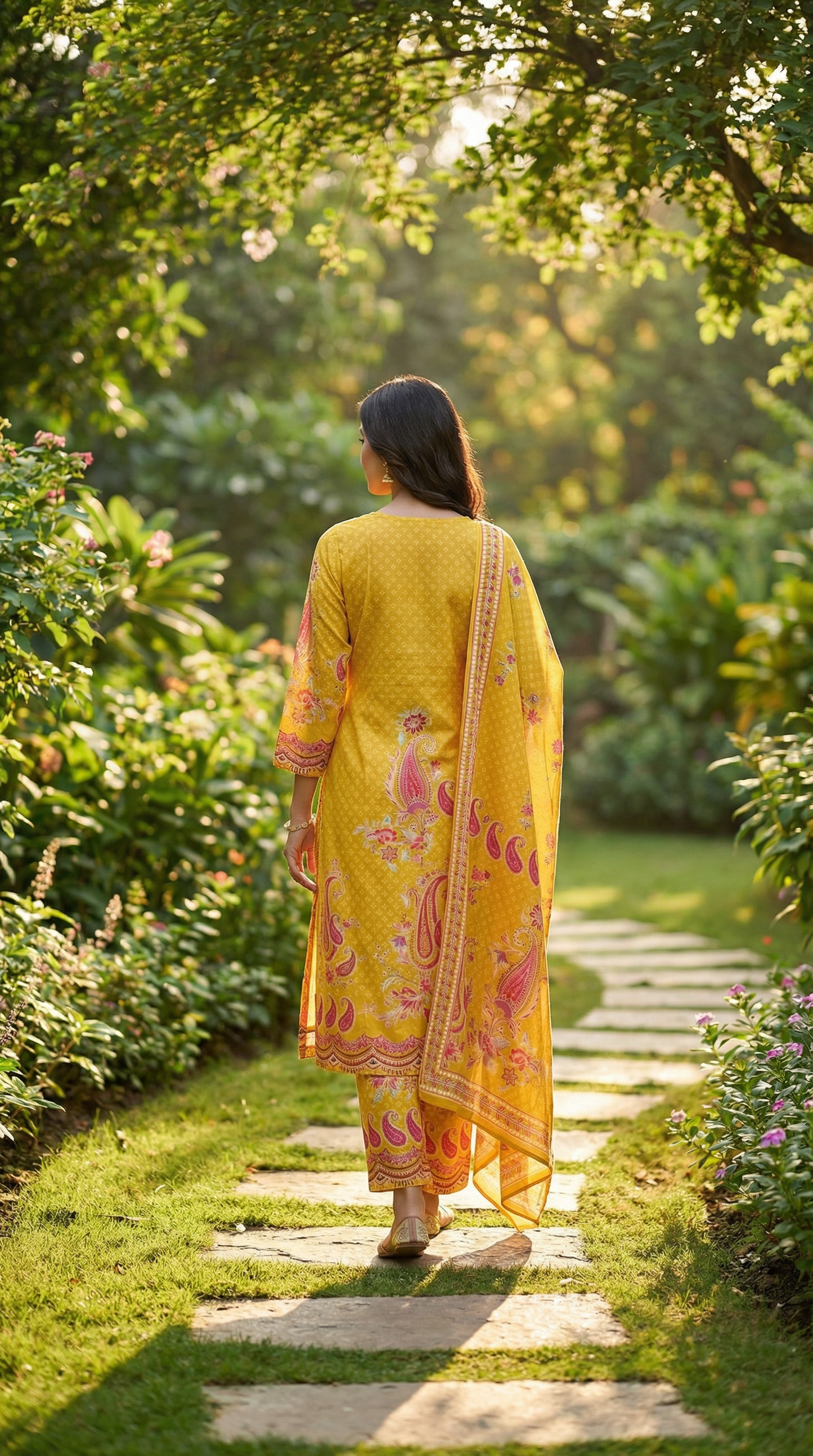 Ethnic Floral Printed Straight Kurta with Pant and Dupatta - Yellow