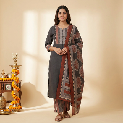 Solid Ethnic Straight Fit Kurta with Printed Pant & Cotton Dupatta - Black