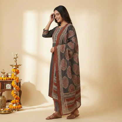 Solid Ethnic Straight Fit Kurta with Printed Pant & Cotton Dupatta - Black