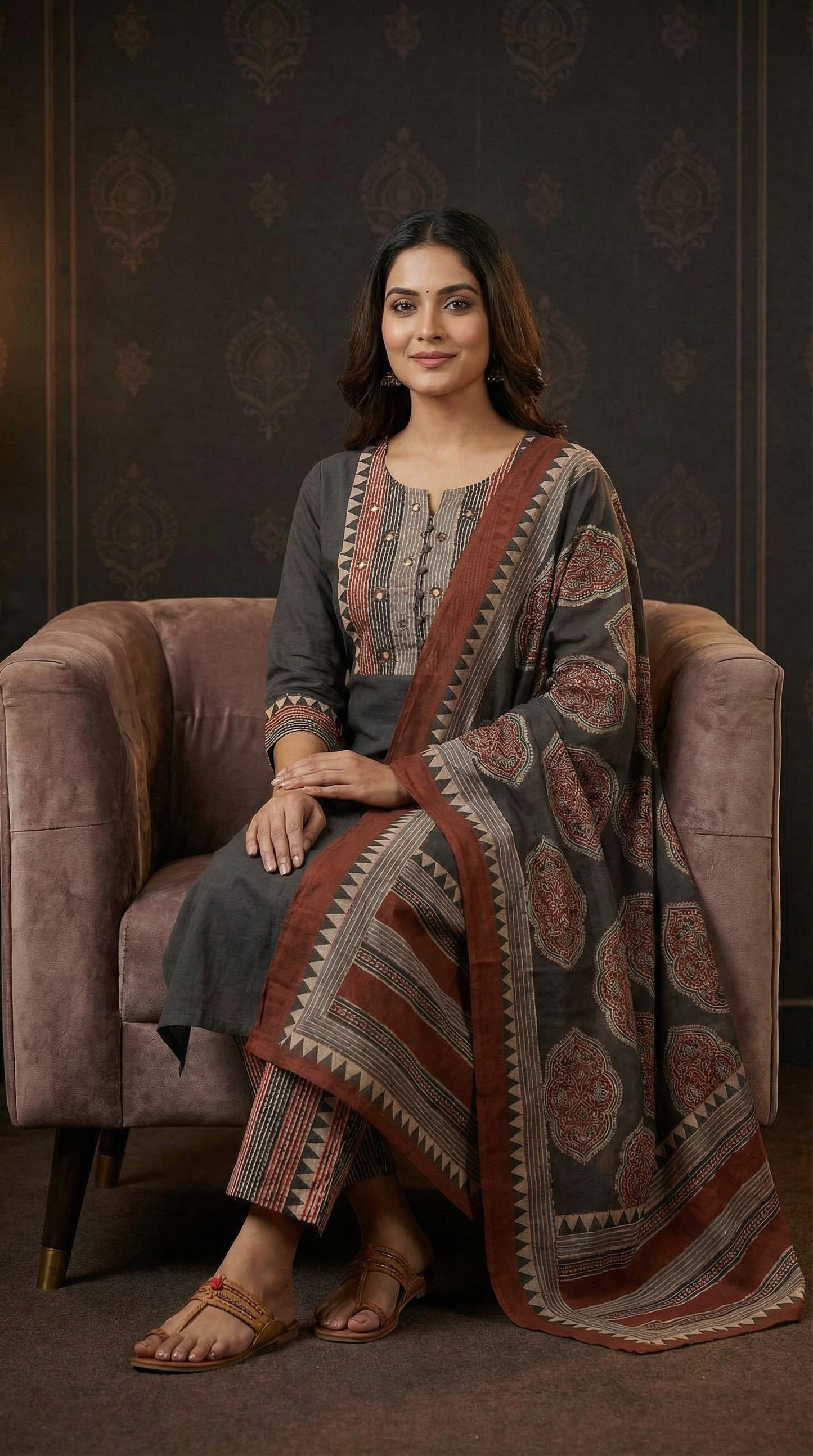 Solid Ethnic Straight Fit Kurta with Printed Pant & Cotton Dupatta - Black