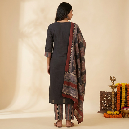 Solid Ethnic Straight Fit Kurta with Printed Pant & Cotton Dupatta - Black