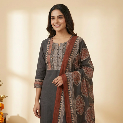 Solid Ethnic Straight Fit Kurta with Printed Pant & Cotton Dupatta - Black