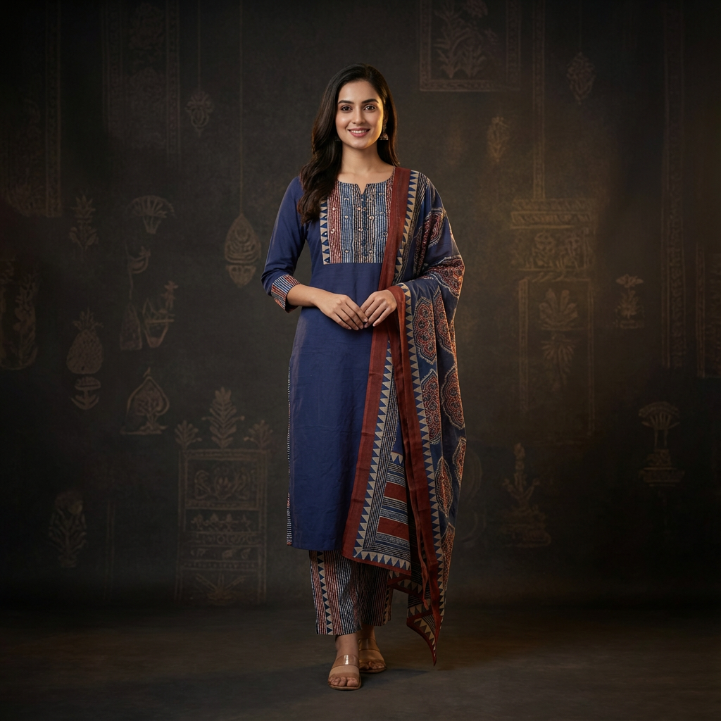 Solid Ethnic Straight Fit Kurta with Printed Pant & Cotton Dupatta - Navy Blue