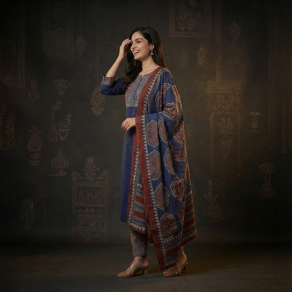 Solid Ethnic Straight Fit Kurta with Printed Pant & Cotton Dupatta - Navy Blue